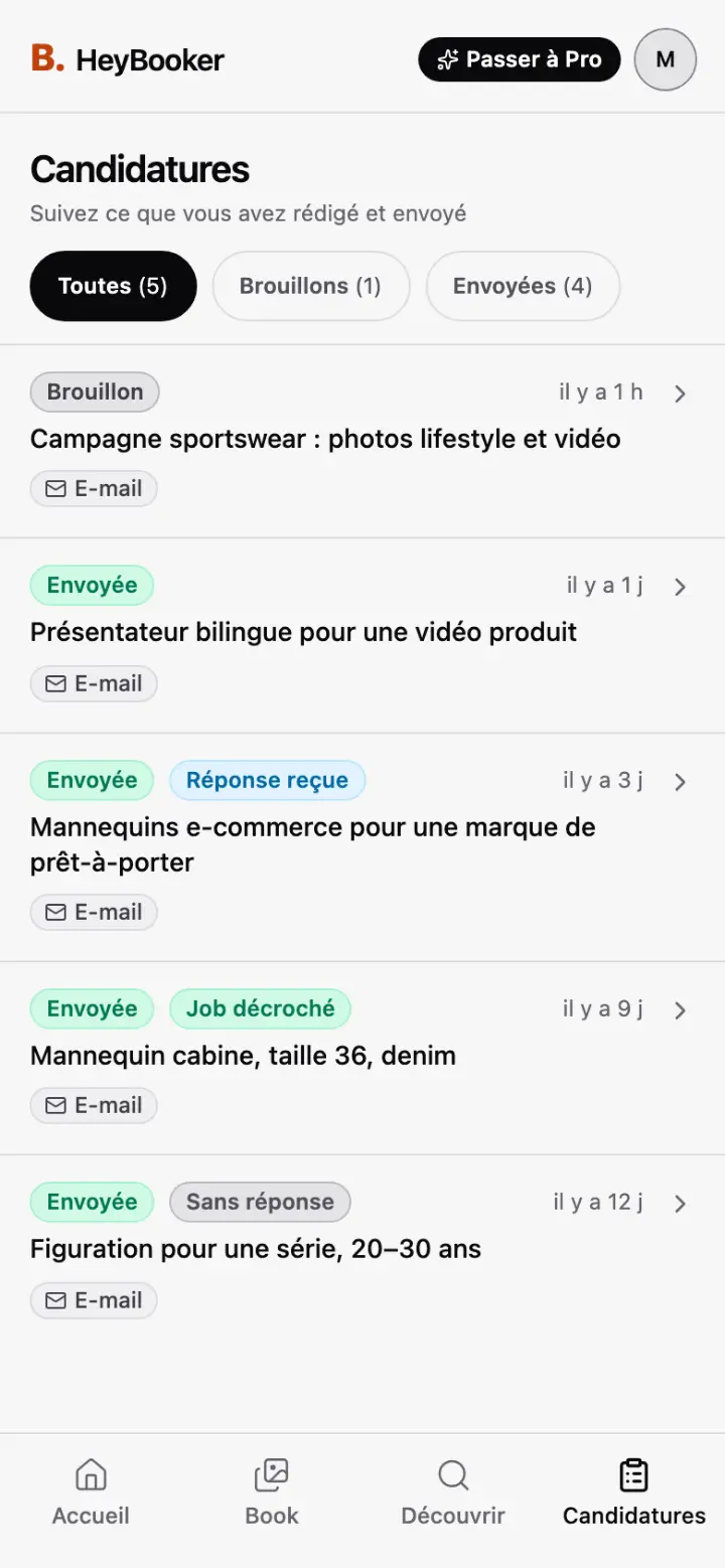 L’onglet Candidatures : un brouillon et quatre candidatures envoyées, marquées réponse reçue, job décroché ou sans réponse.