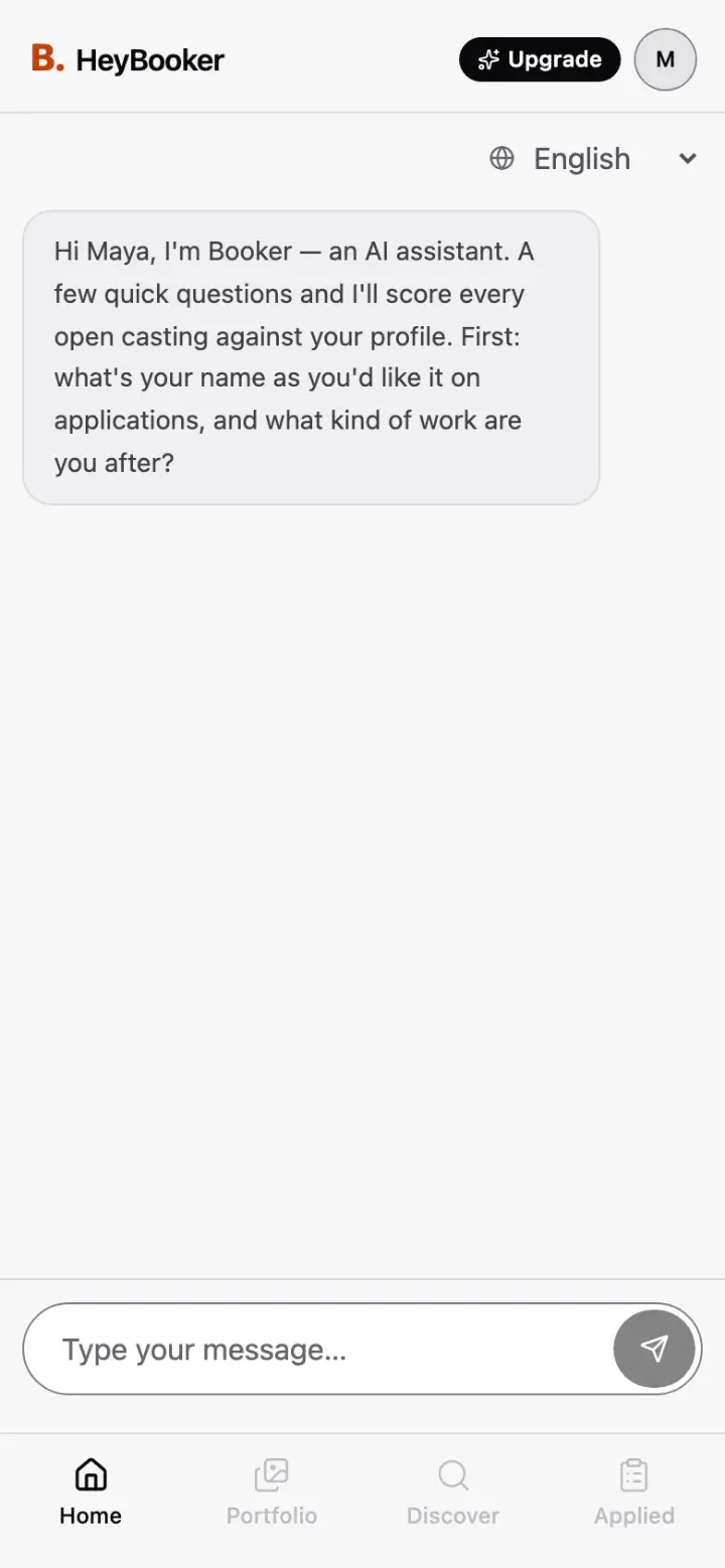 Booker’s first message in the onboarding chat: it introduces itself as an AI assistant and asks your name and the kind of work you are after.