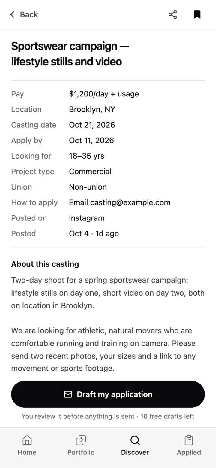A casting’s detail screen: the title, then pay, location, casting date, deadline, age range, union status and how to apply, above the description and a Draft my application button.