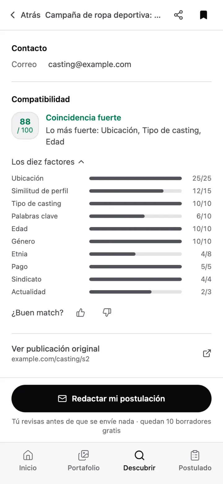 La sección Compatibilidad de un casting: 88 de 100, marcada como coincidencia fuerte, con los diez factores en lista, desde ubicación (25 de 25) hasta actualidad.