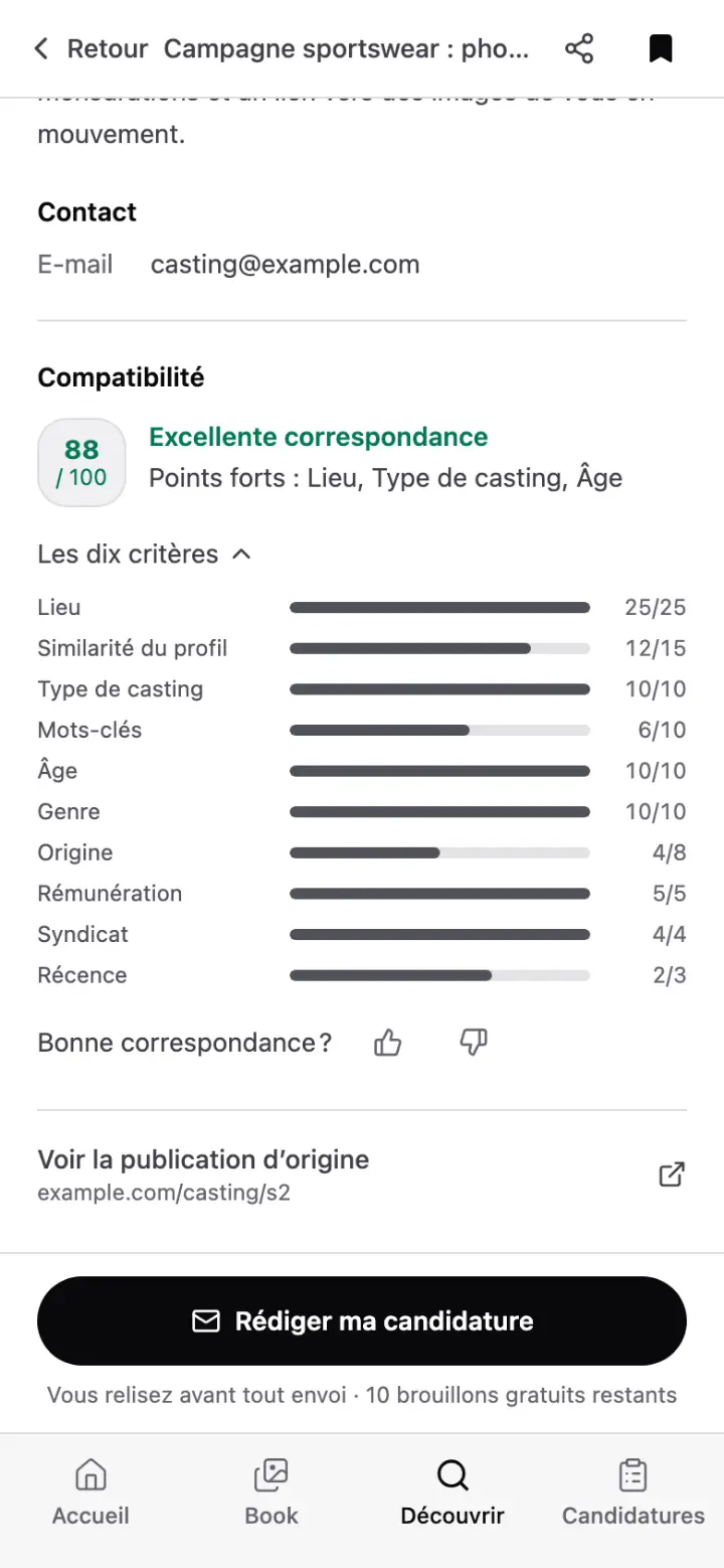 La section Compatibilité d’un casting : 88 sur 100, « excellente correspondance », avec les dix critères détaillés, du lieu (25 sur 25) à la récence.
